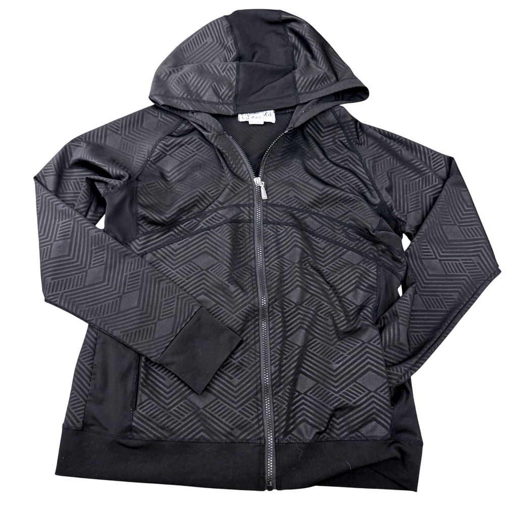 LA Image‎ Womens Black Geometric Full Zip Hoodie Activewear Jacket Large